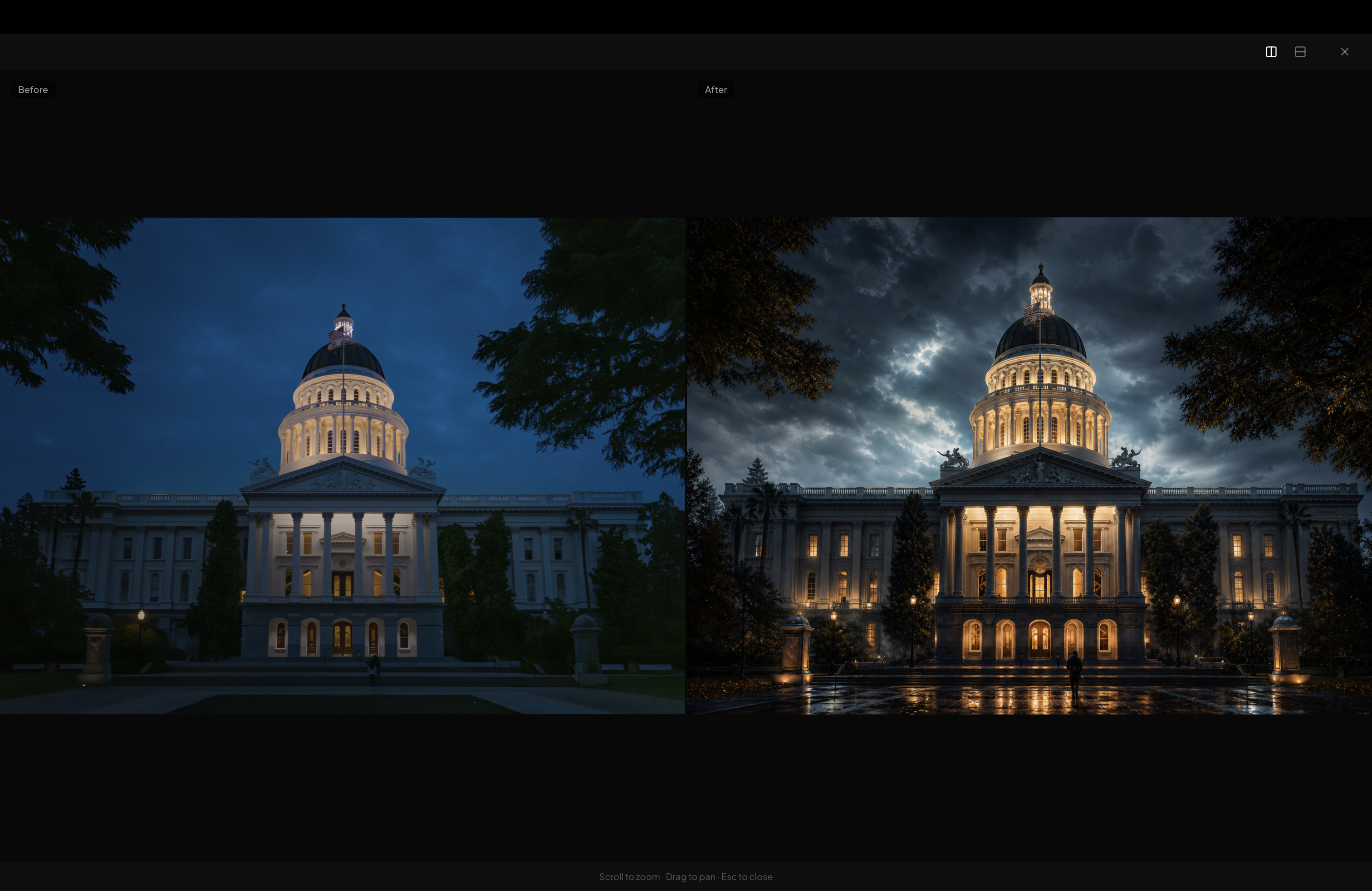 Before and after comparison in AfterFrame AI Repaint