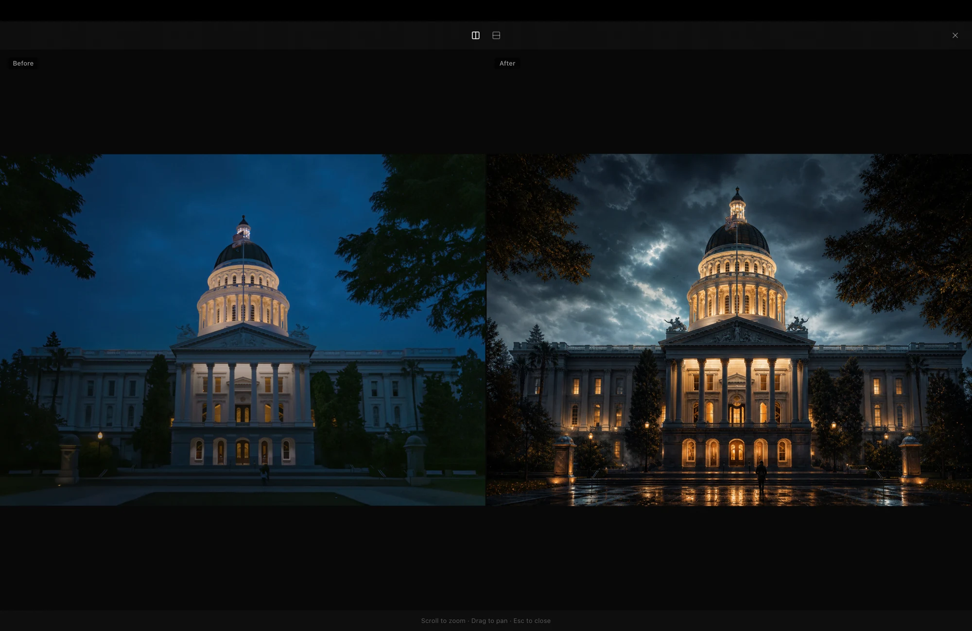 Before and after comparison in AfterFrame AI Repaint
