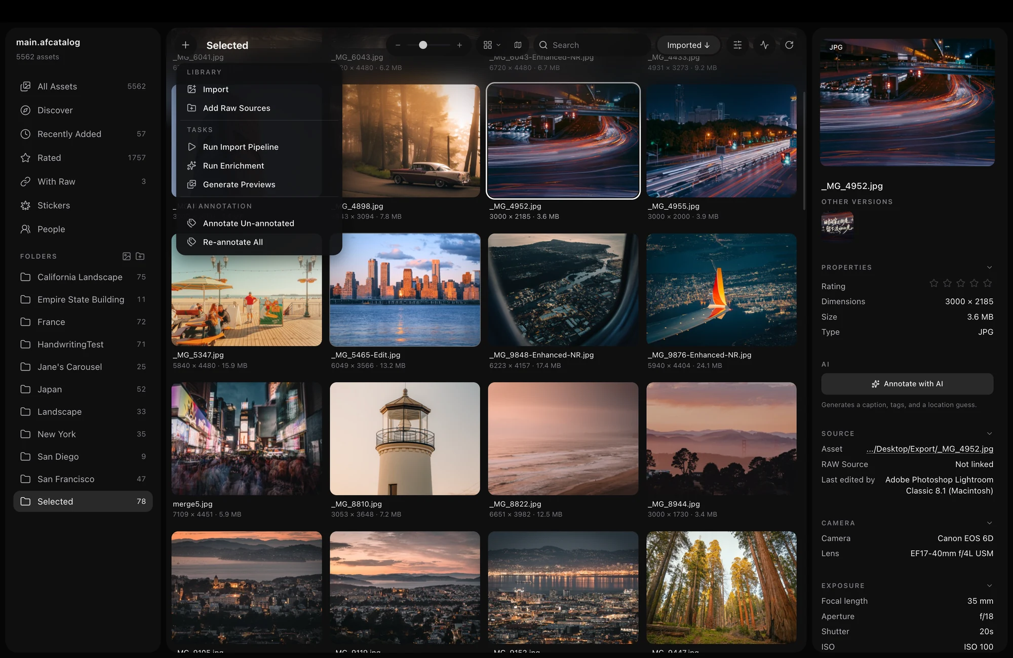 AfterFrame library import and annotation actions in English