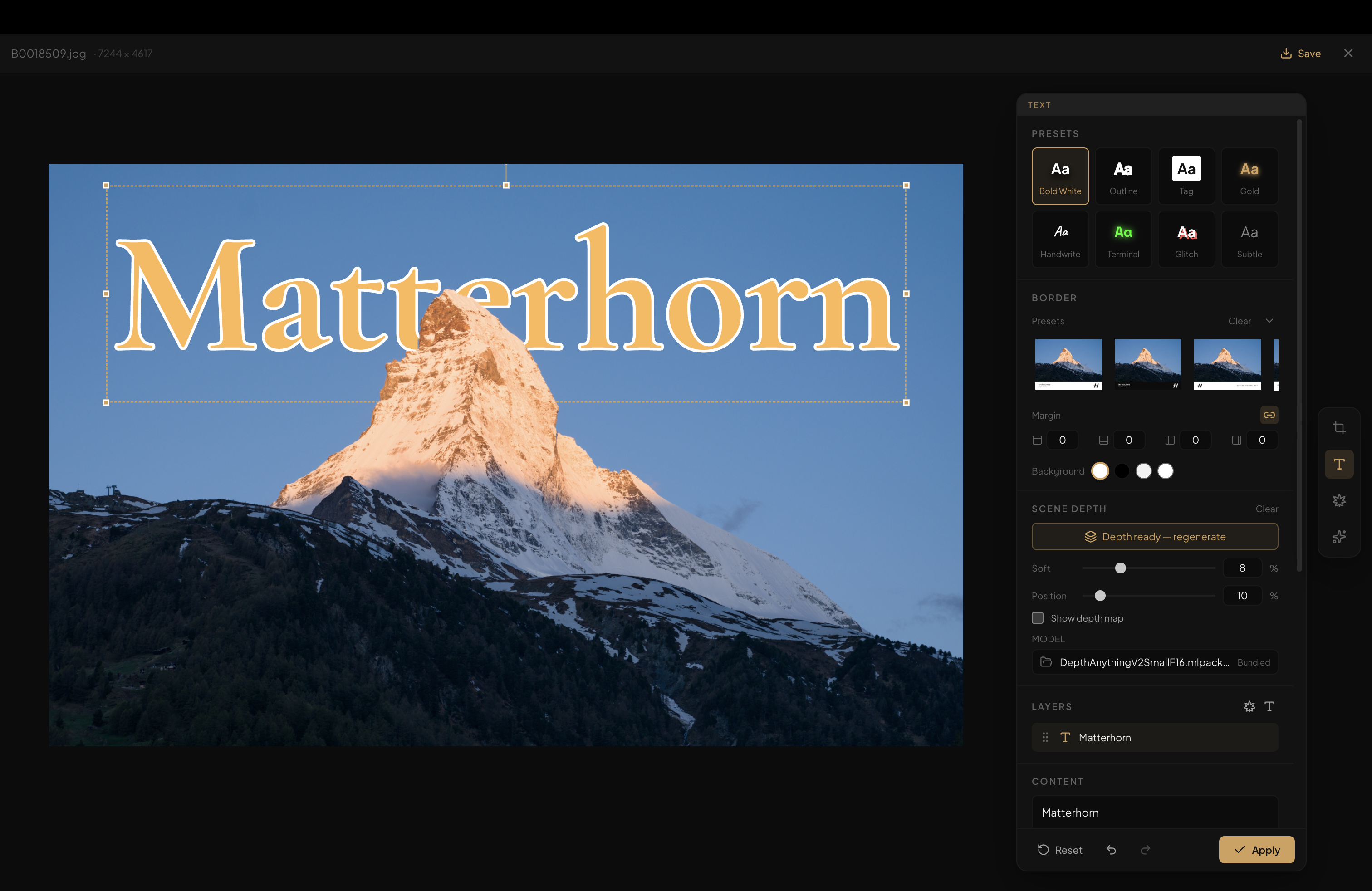 AfterFrame depth-aware text editor in English